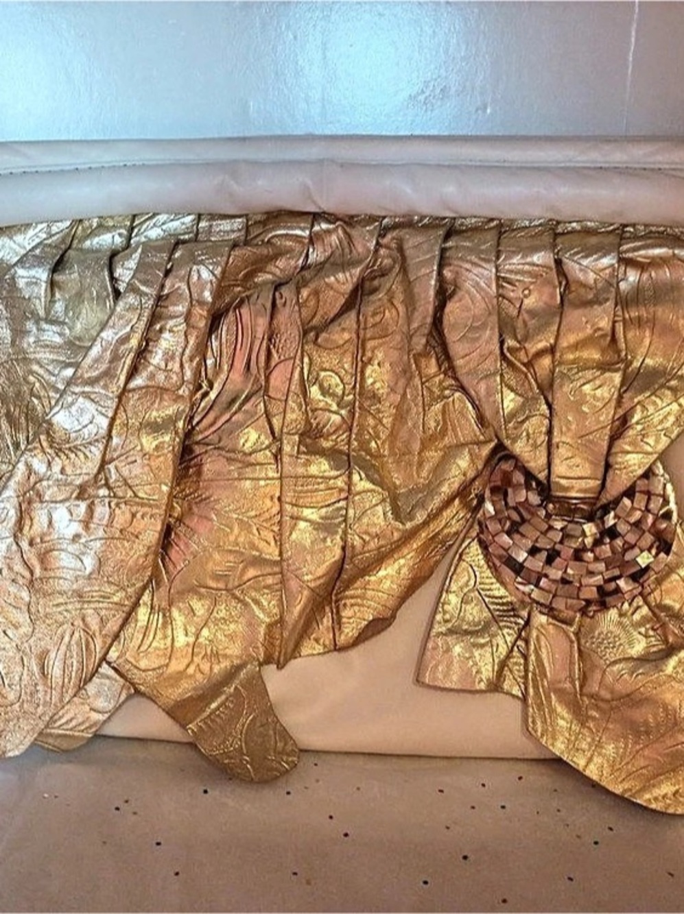 Leather Embellished Clutch in White & Gold